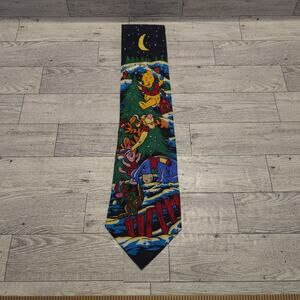 Vtg Disney Store Winnie Pooh Eeyore Piglet Silk Necktie Tie Blue Holiday Mens